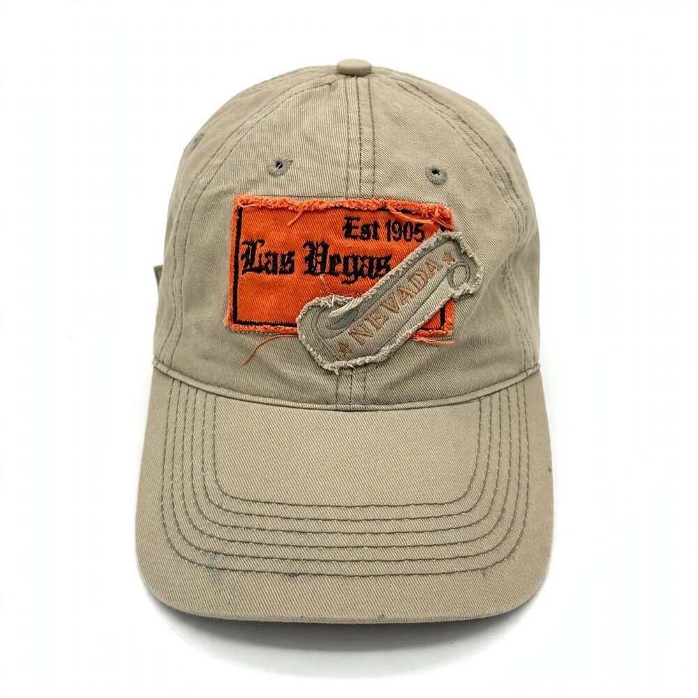 Las Vegas Souvenir Baseball Cap Distressed Beige Orange Patch Adjustable Hat